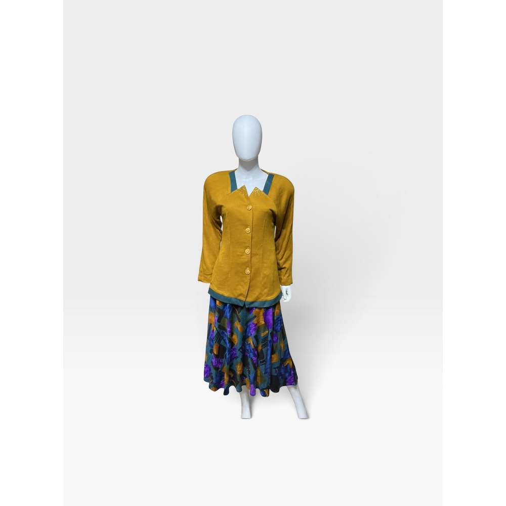 Vintage Bernard 2 Piece Skirt Set Mustard Abstract Midi Japanese 80s 90s Sz 11